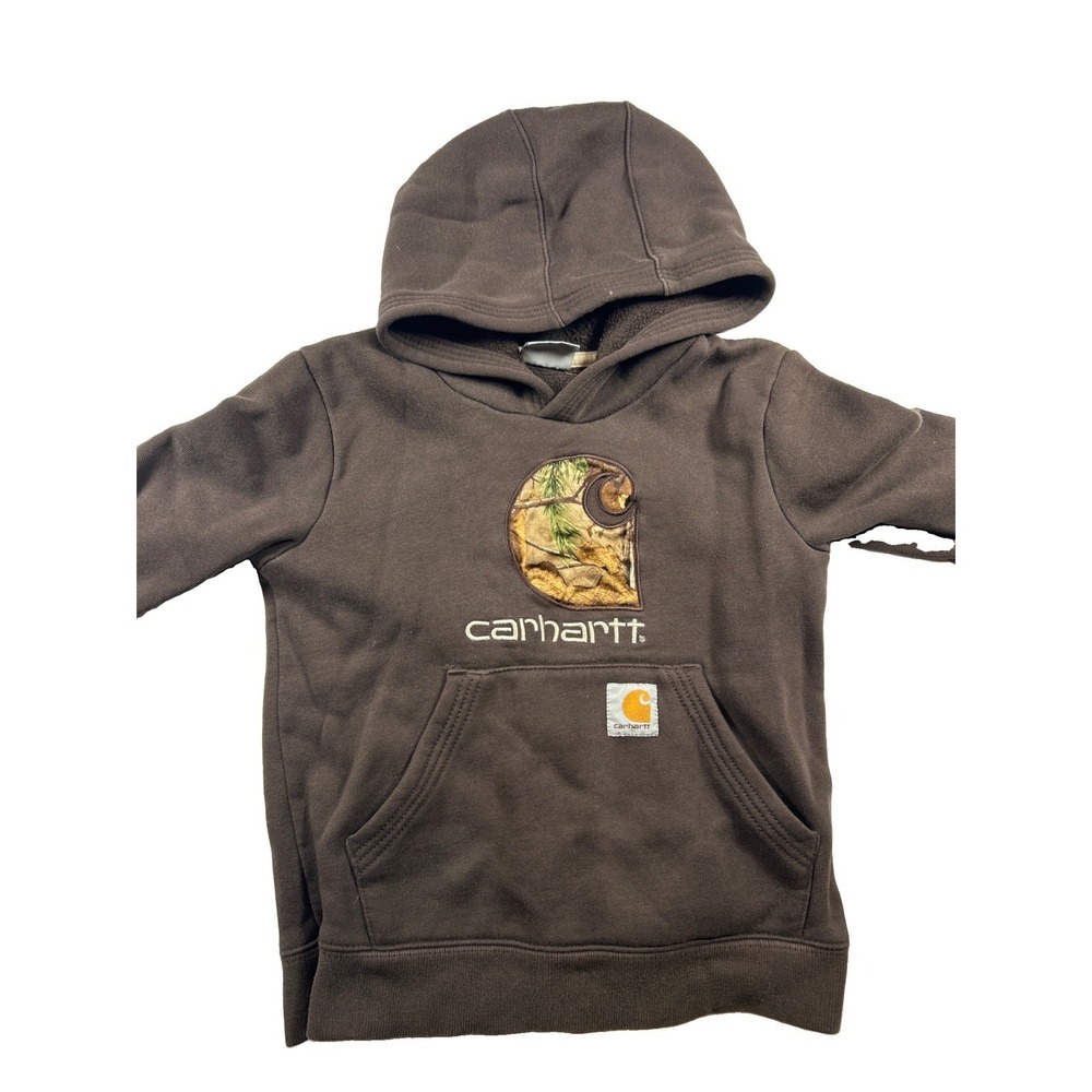 Carhartt Brown Hoodie Mossy Oak Camo Logo Pullover Fleece Hood Pocket Kids/Boy 6